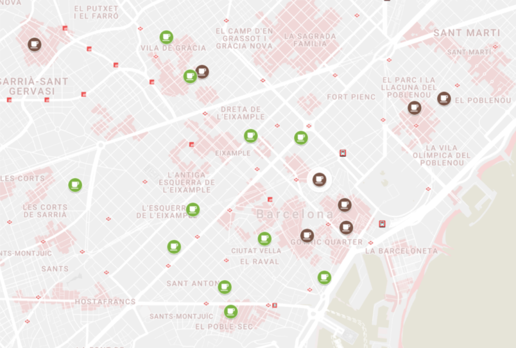 Barcelona map with best coffee houses and bars